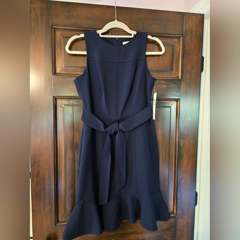 London Times Navy Midi Dress with Belt PETITTE